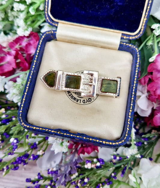 Antique Victorian Sterling Silver Green Connemara Marble Belt Buckle Bar Brooch