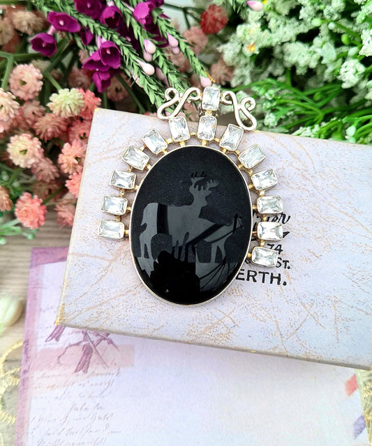 Vintage Sterling Silver Huge Statement Pendant Necklace with Black Glass & Carved Stag with Deer