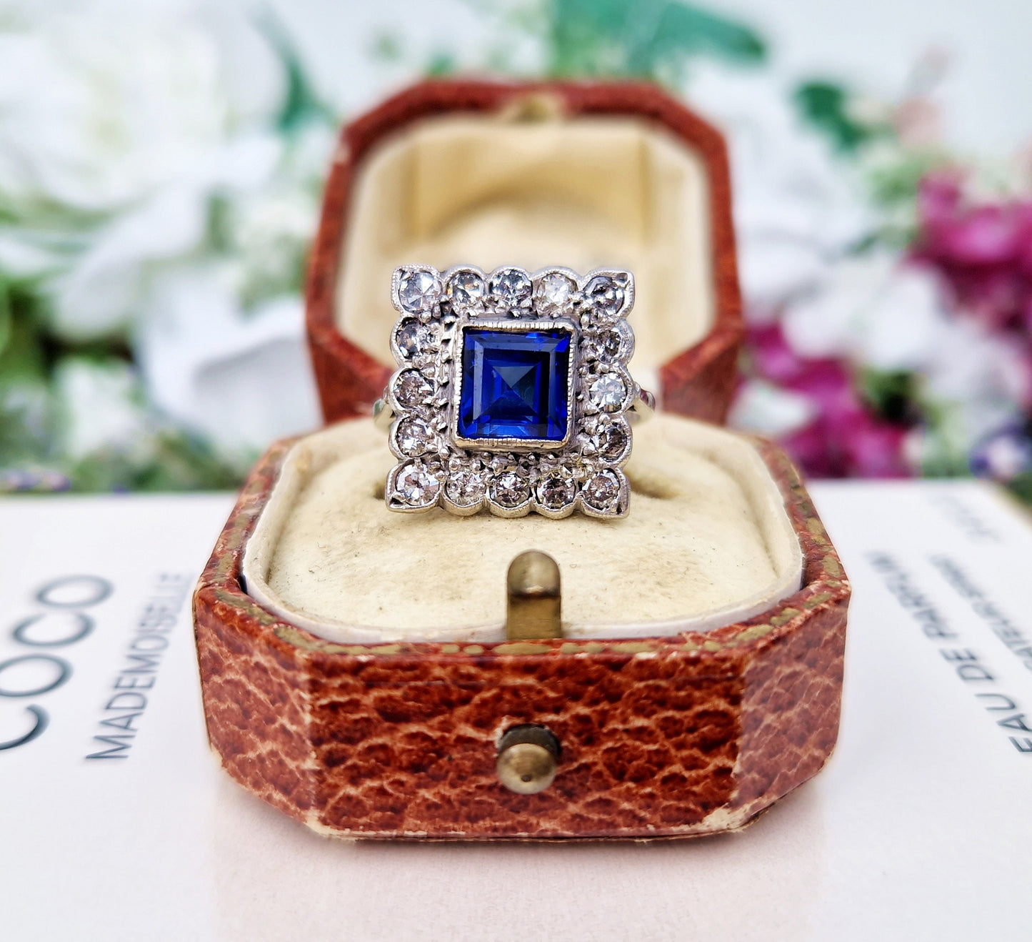 Antique Art Deco 18ct White Gold Blue Sapphire and 1.28cts Diamond Square Statement Cluster Ring / Size O or 7.5
