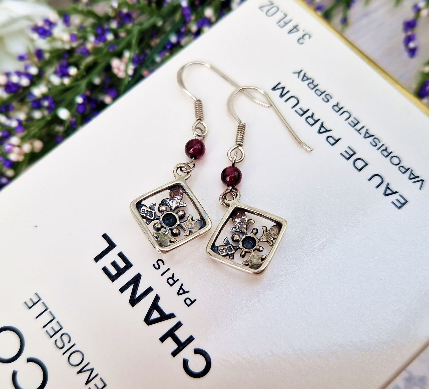 Vintage Sterling Silver Purple Amethyst Orb Fleur-De-Lis Hook Drop Dangle Earrings