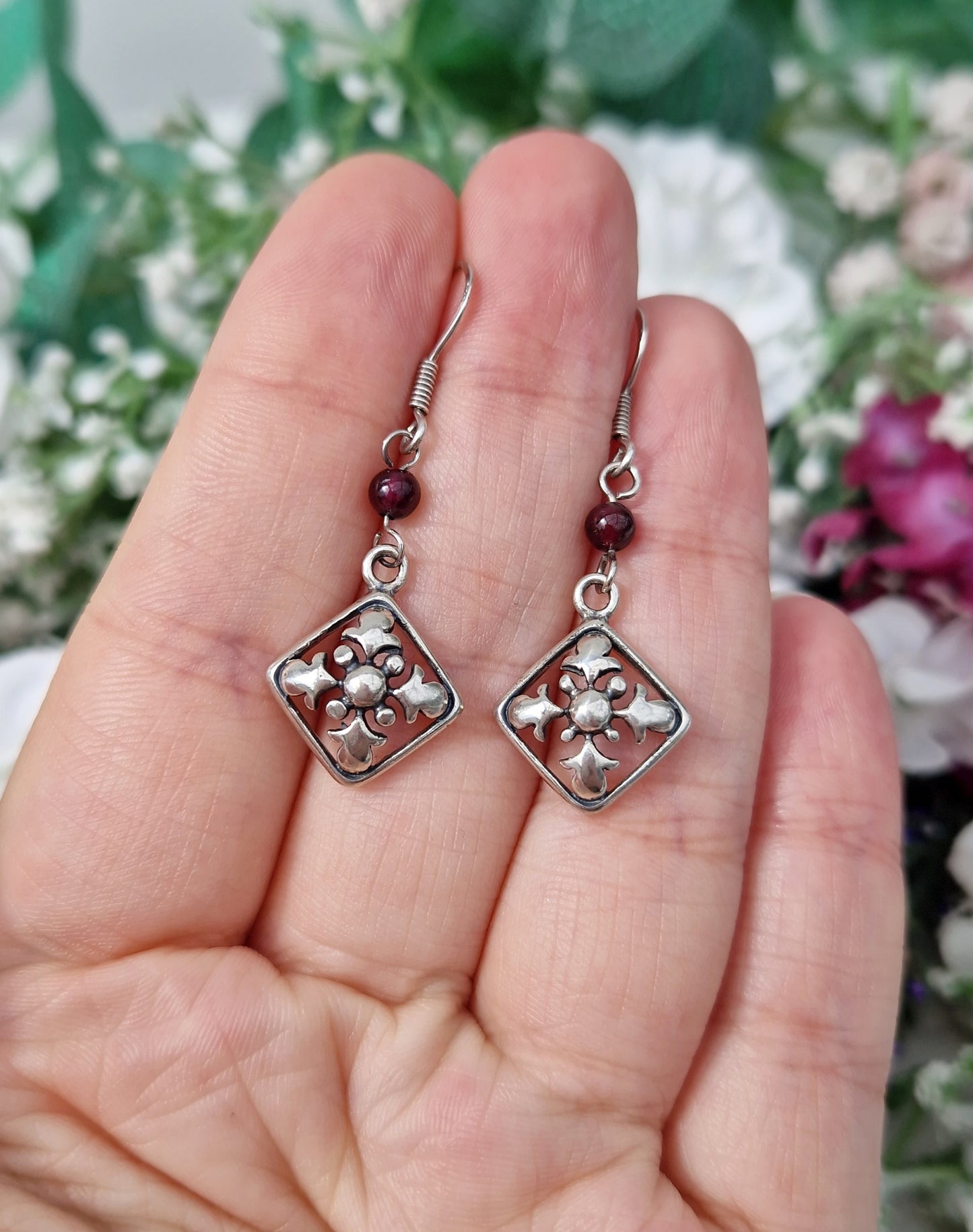 Vintage Sterling Silver Purple Amethyst Orb Fleur-De-Lis Hook Drop Dangle Earrings