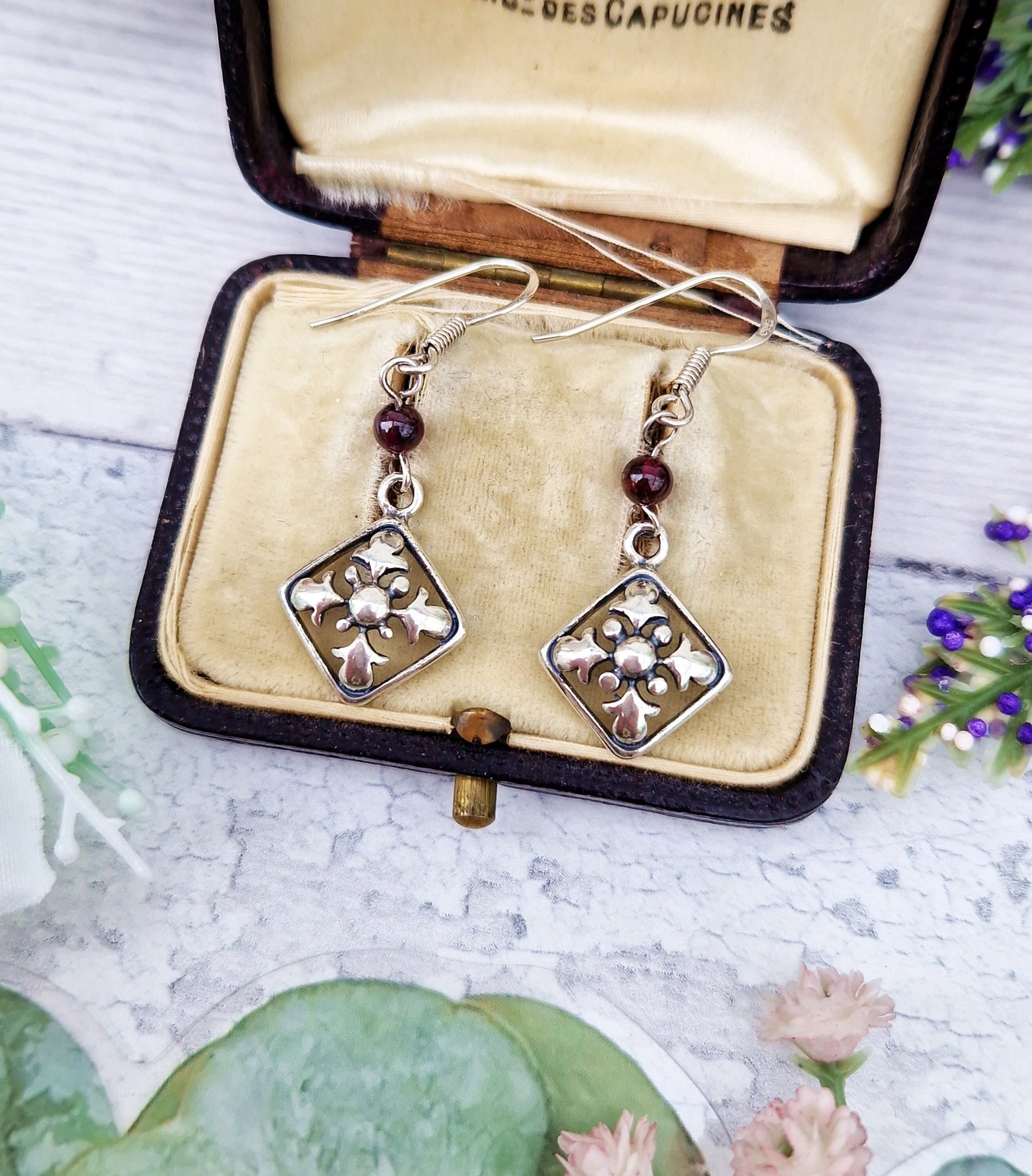 Vintage Sterling Silver Purple Amethyst Orb Fleur-De-Lis Hook Drop Dangle Earrings