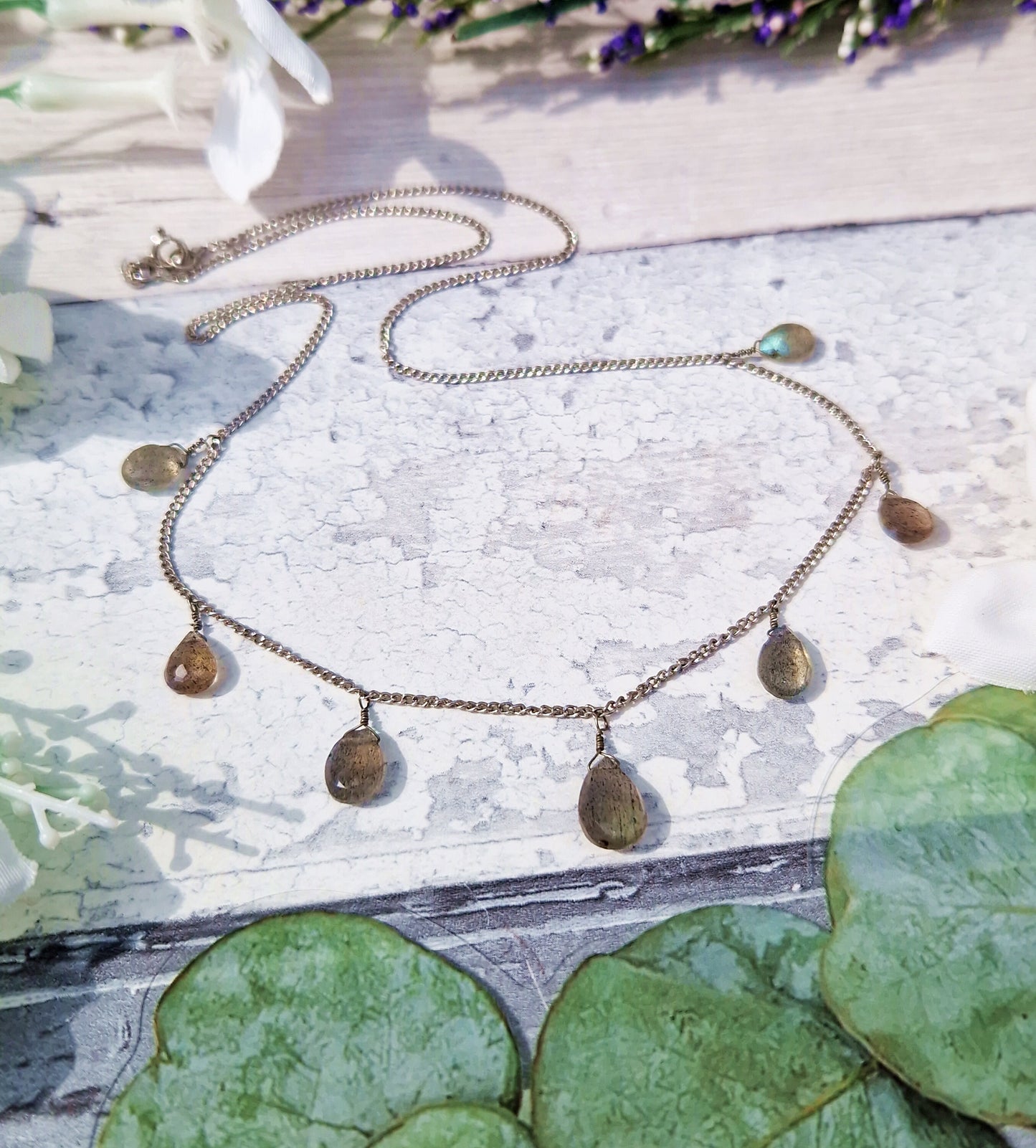 Vintage Art Deco Style Sterling Silver Labradorite Gemstone Droplet Fringe Necklace