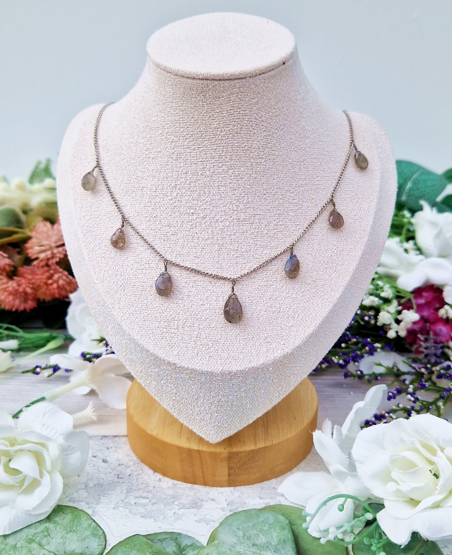 Vintage Art Deco Style Sterling Silver Labradorite Gemstone Droplet Fringe Necklace