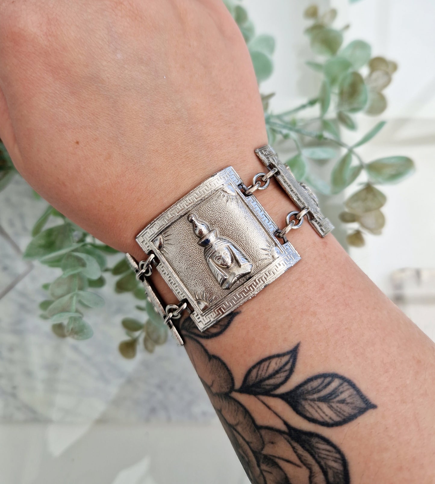 Vintage Silver Tone Art Deco Style Wide Panel Tribal Statement Bracelet