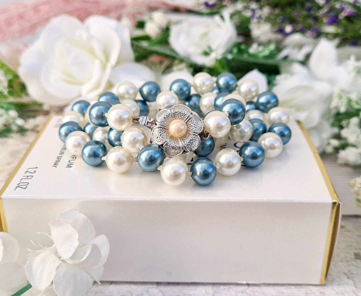 Vintage White and Blue Lustrous Imitation Pearl Necklace with Flower Clasp