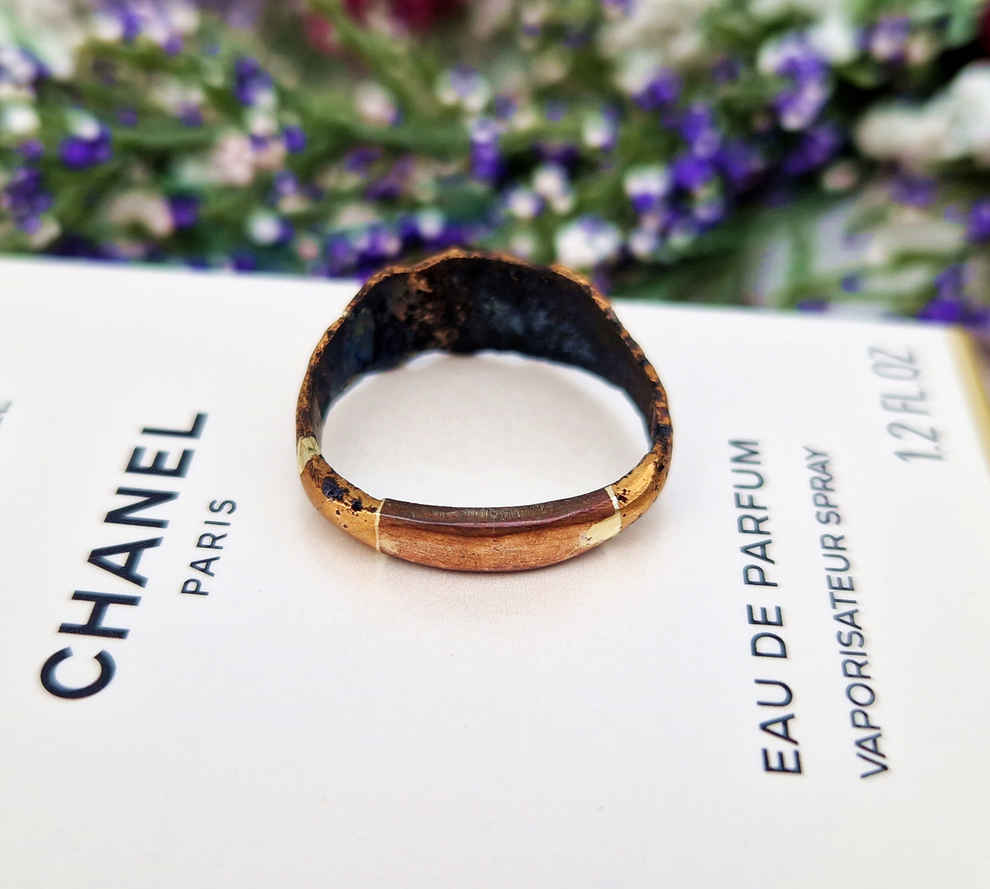 Antique Ancient Medieval Tudor Gold Bronze Medieval Pitted Statement Band Ring / Size P 1/2 or 8.25