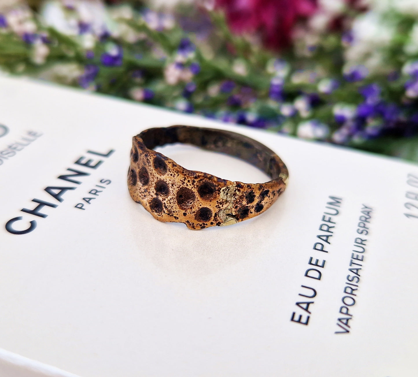 Antique Ancient Medieval Tudor Gold Bronze Medieval Pitted Statement Band Ring / Size P 1/2 or 8.25