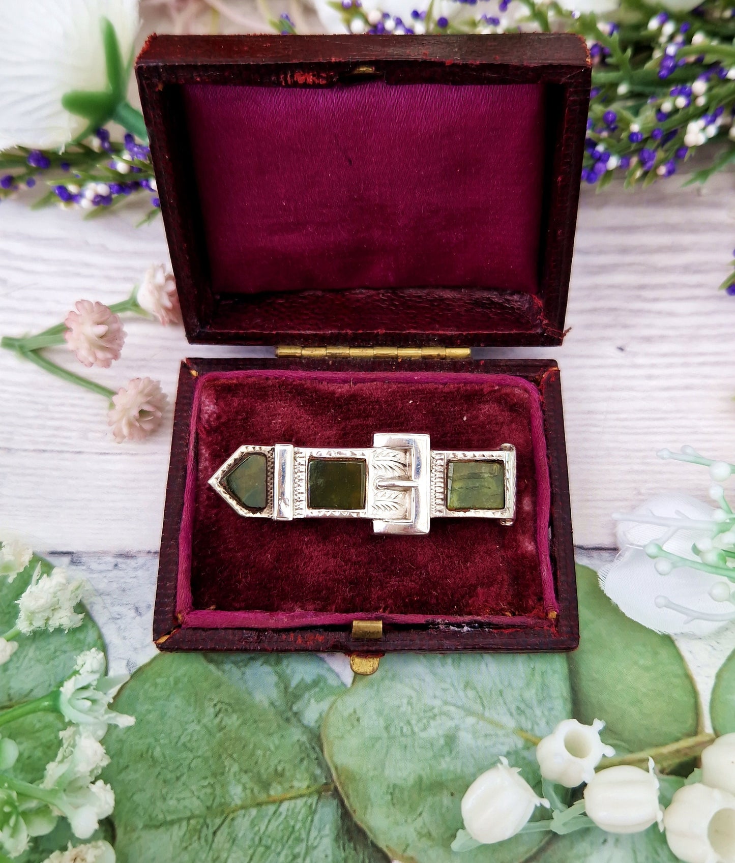 Antique Victorian Sterling Silver Green Connemara Marble Belt Buckle Bar Brooch