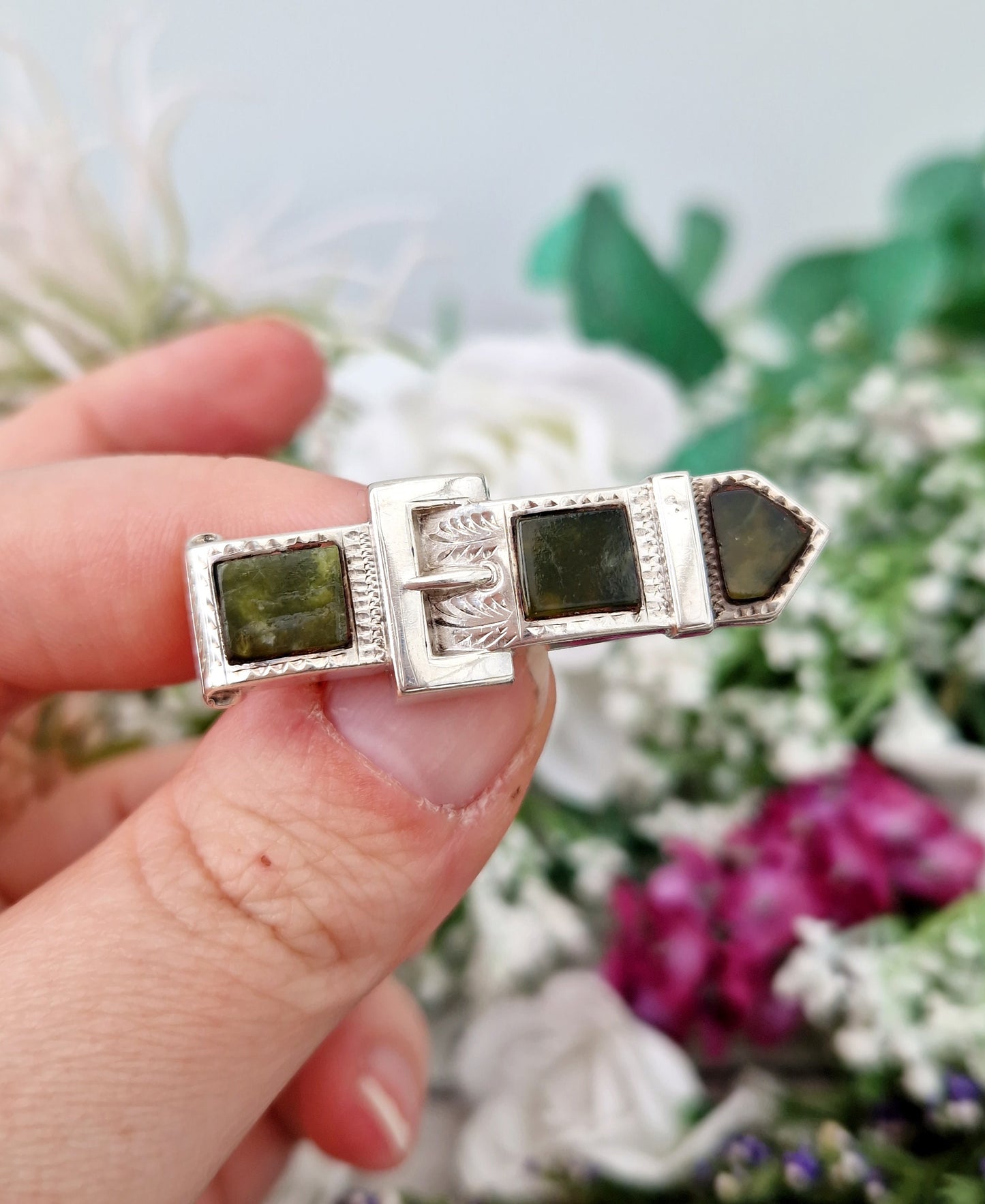Antique Victorian Sterling Silver Green Connemara Marble Belt Buckle Bar Brooch