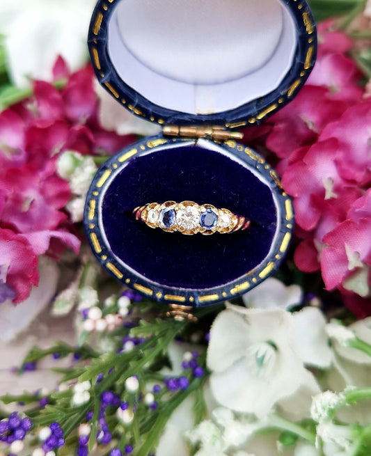 Vintage 1987 9ct Gold Victorian Style Sapphire and Diamond 5 Stone Ring / Size L or 6
