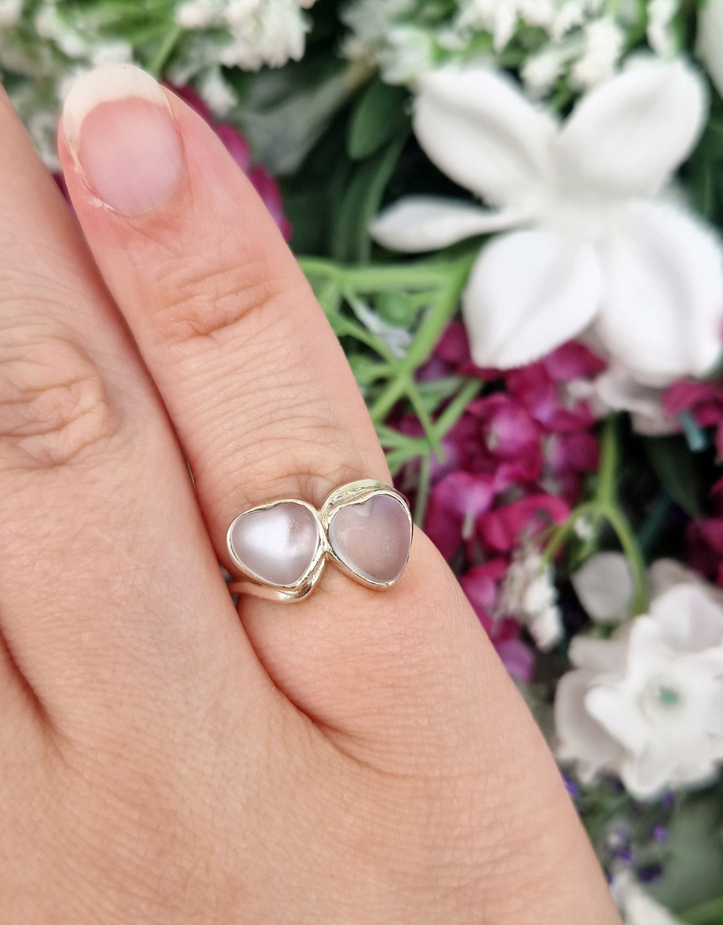 Antique Edwardian 9ct White Gold Moonstone Cabochon Heart Toi et Moi Ring / Size K 1/2 or 5.75