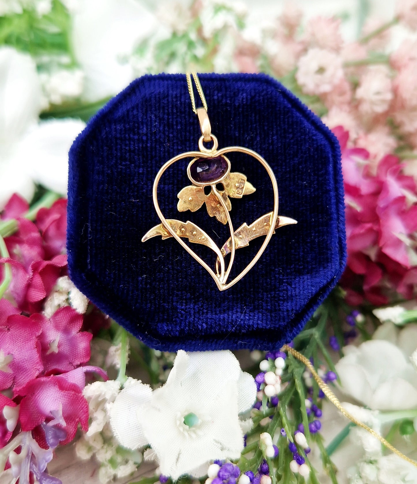 Antique Art Nouveau 9ct Gold Amethyst and Pearl Lavalier Heart Flower Pendant Necklace
