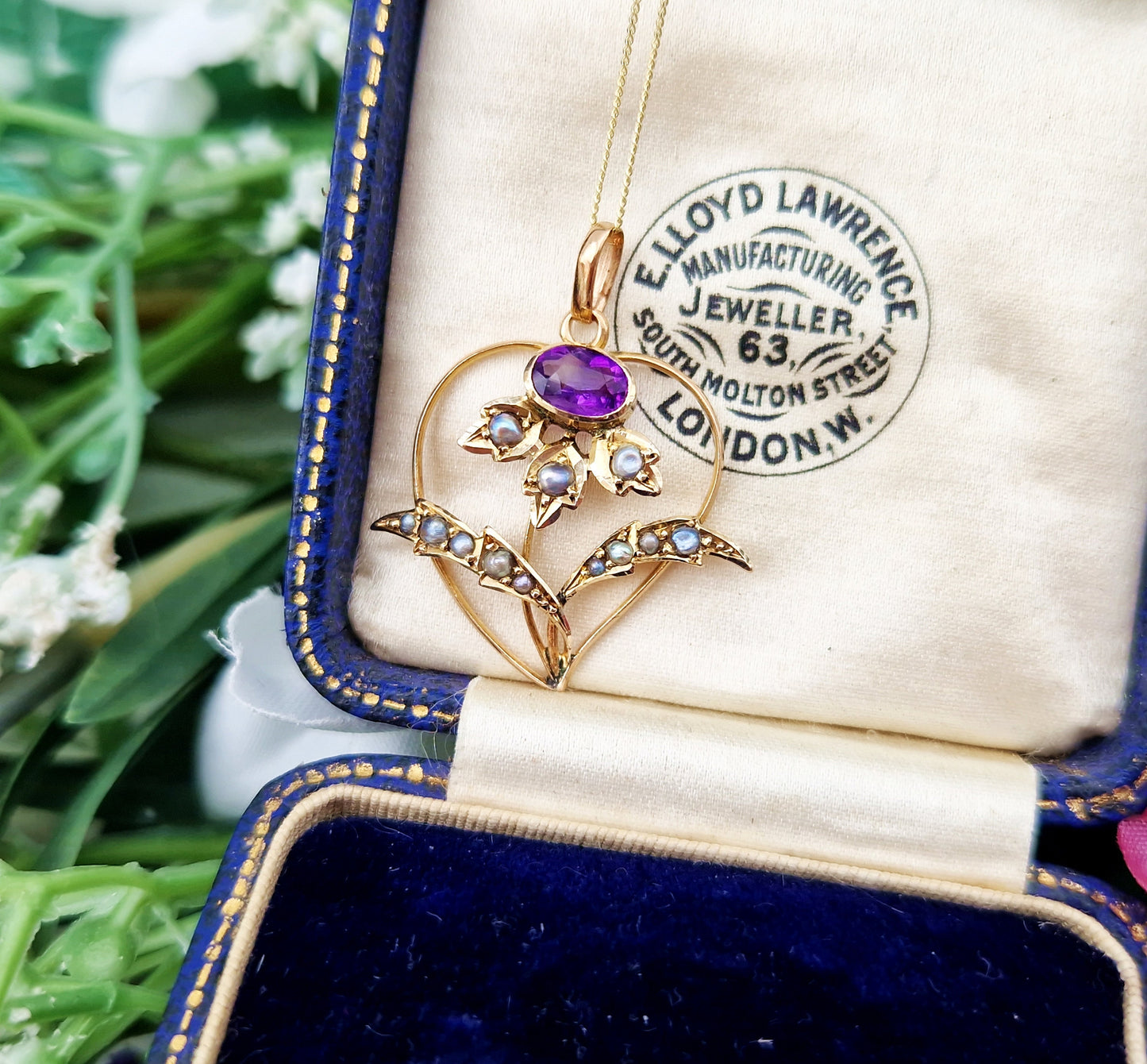 Antique Art Nouveau 9ct Gold Amethyst and Pearl Lavalier Heart Flower Pendant Necklace