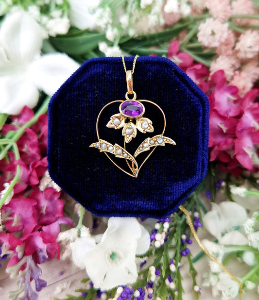 Antique Art Nouveau 9ct Gold Amethyst and Pearl Lavalier Heart Flower Pendant Necklace