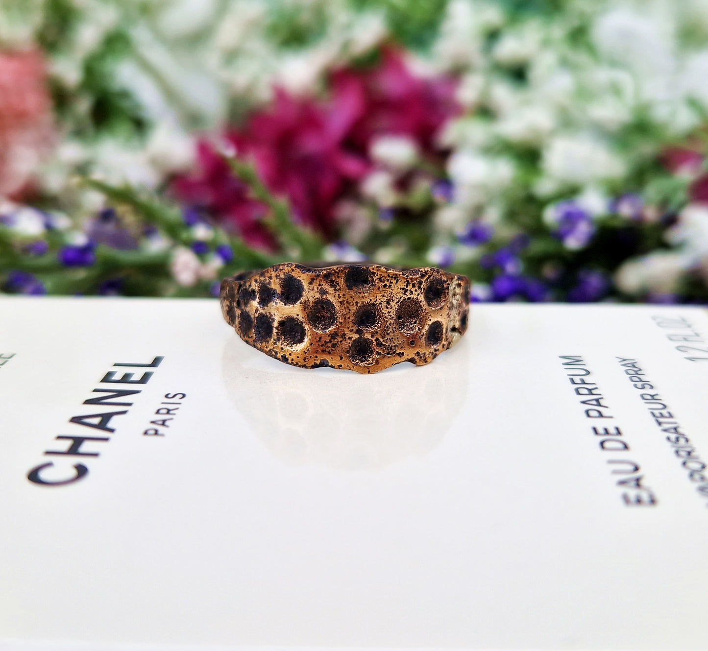 Antique Ancient Medieval Tudor Gold Bronze Medieval Pitted Statement Band Ring / Size P 1/2 or 8.25