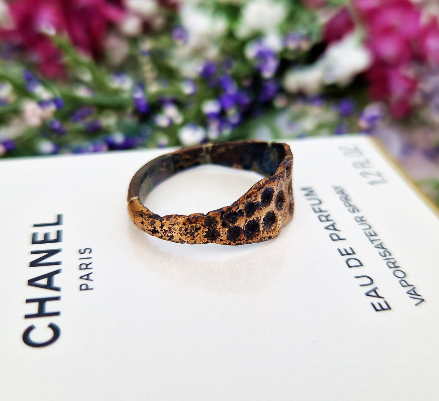 Antique Ancient Medieval Tudor Gold Bronze Medieval Pitted Statement Band Ring / Size P 1/2 or 8.25