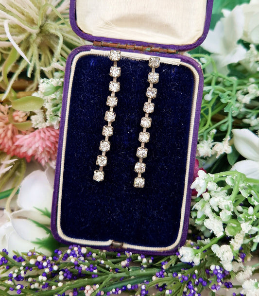 Vintage Art Deco Style Silver Tone Extra Long Elegant Crystal Stud Drop Earrings