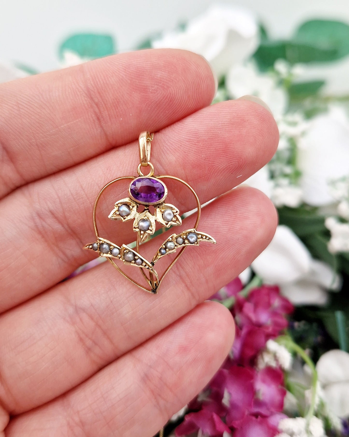 Antique Art Nouveau 9ct Gold Amethyst and Pearl Lavalier Heart Flower Pendant Necklace
