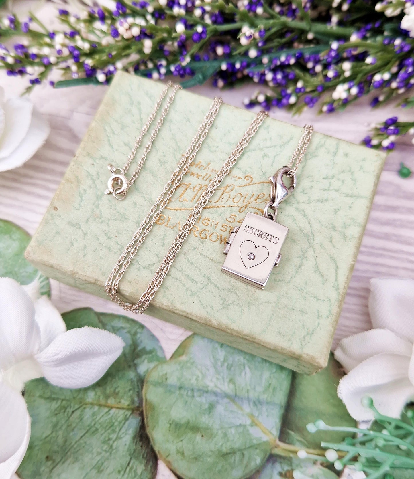 Vintage Sterling Silver Diamond Accented Secrets Book Locket Pendant Necklace