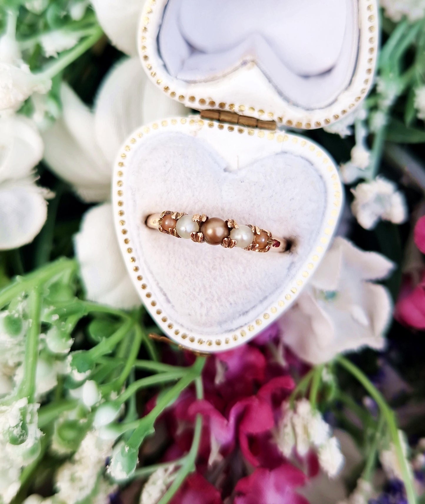 Antique Art Deco 14ct Gold Multi-Tone Natural Pearl 5 Stone Ring / Size N 1/2 or 7.75