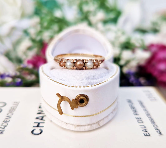 Antique Art Deco 14ct Gold Multi-Tone Natural Pearl 5 Stone Ring / Size N 1/2 or 7.75