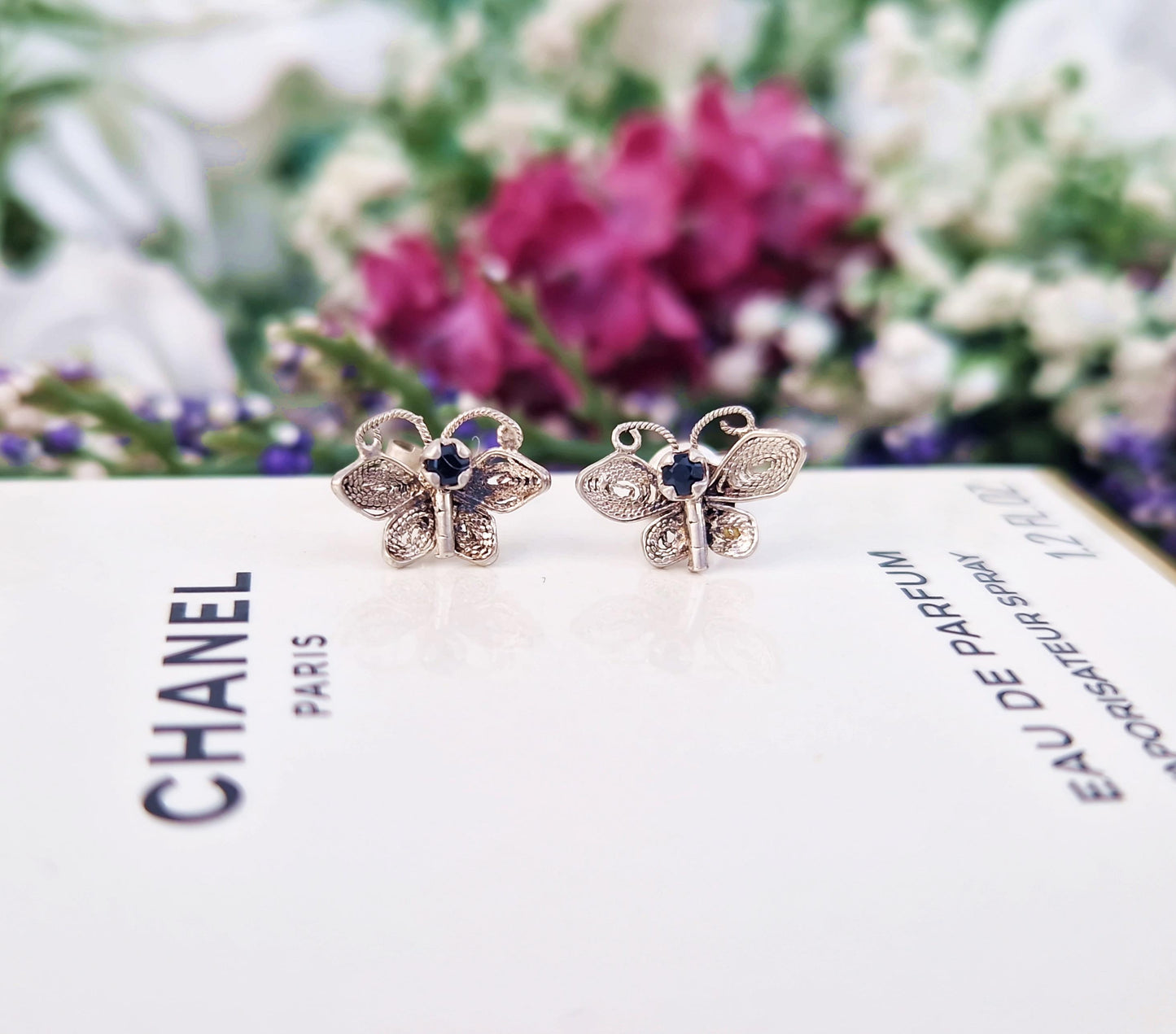 Set of 2 Vintage Sterling Silver Stud Drop Earrings - Roses and Butterflies