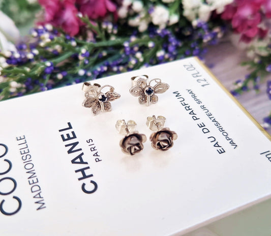 Set of 2 Vintage Sterling Silver Stud Drop Earrings - Roses and Butterflies