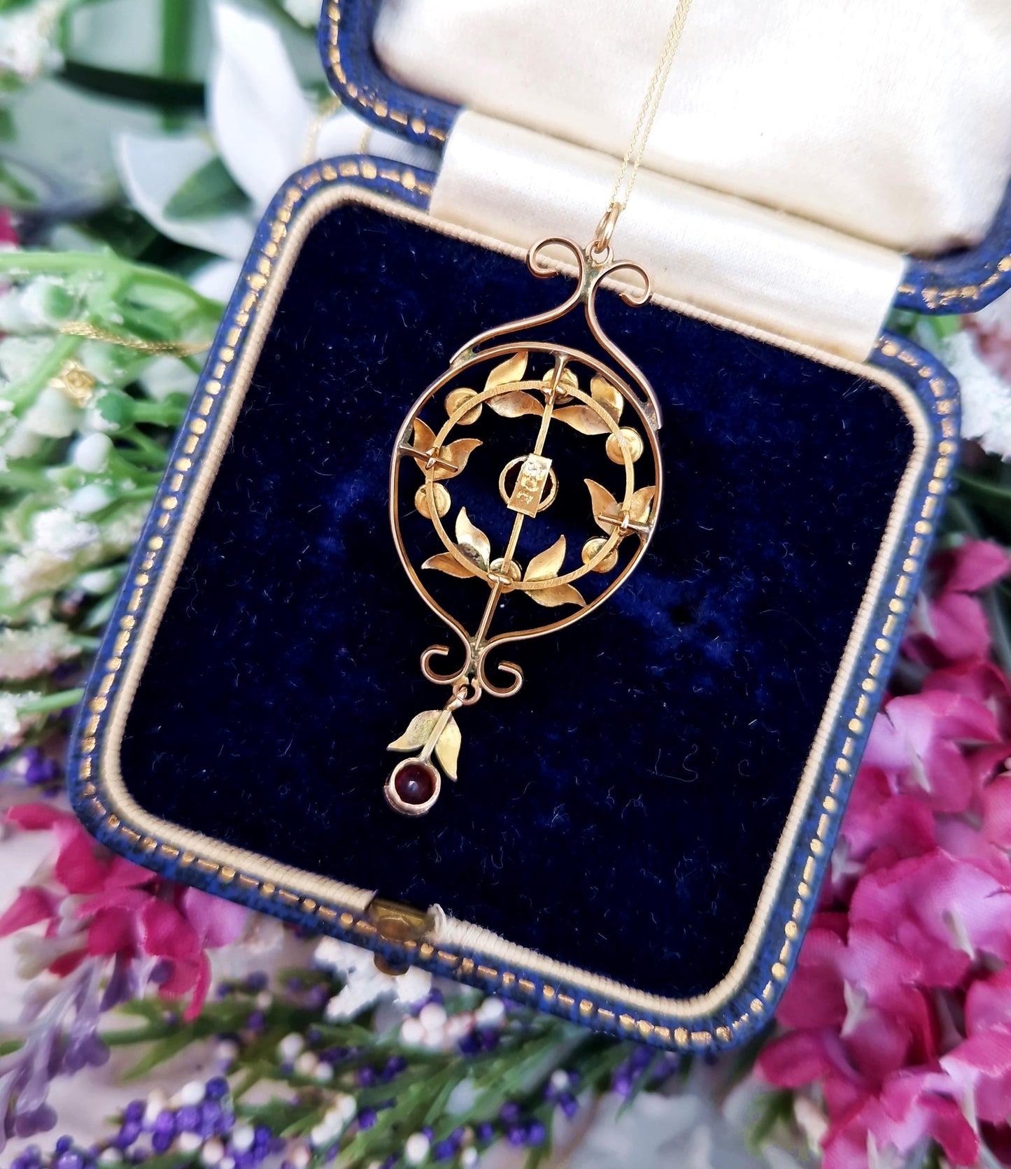 Antique Art Nouveau 9ct Gold Pink Tourmaline and Pearl Lavalier Pendant Necklace