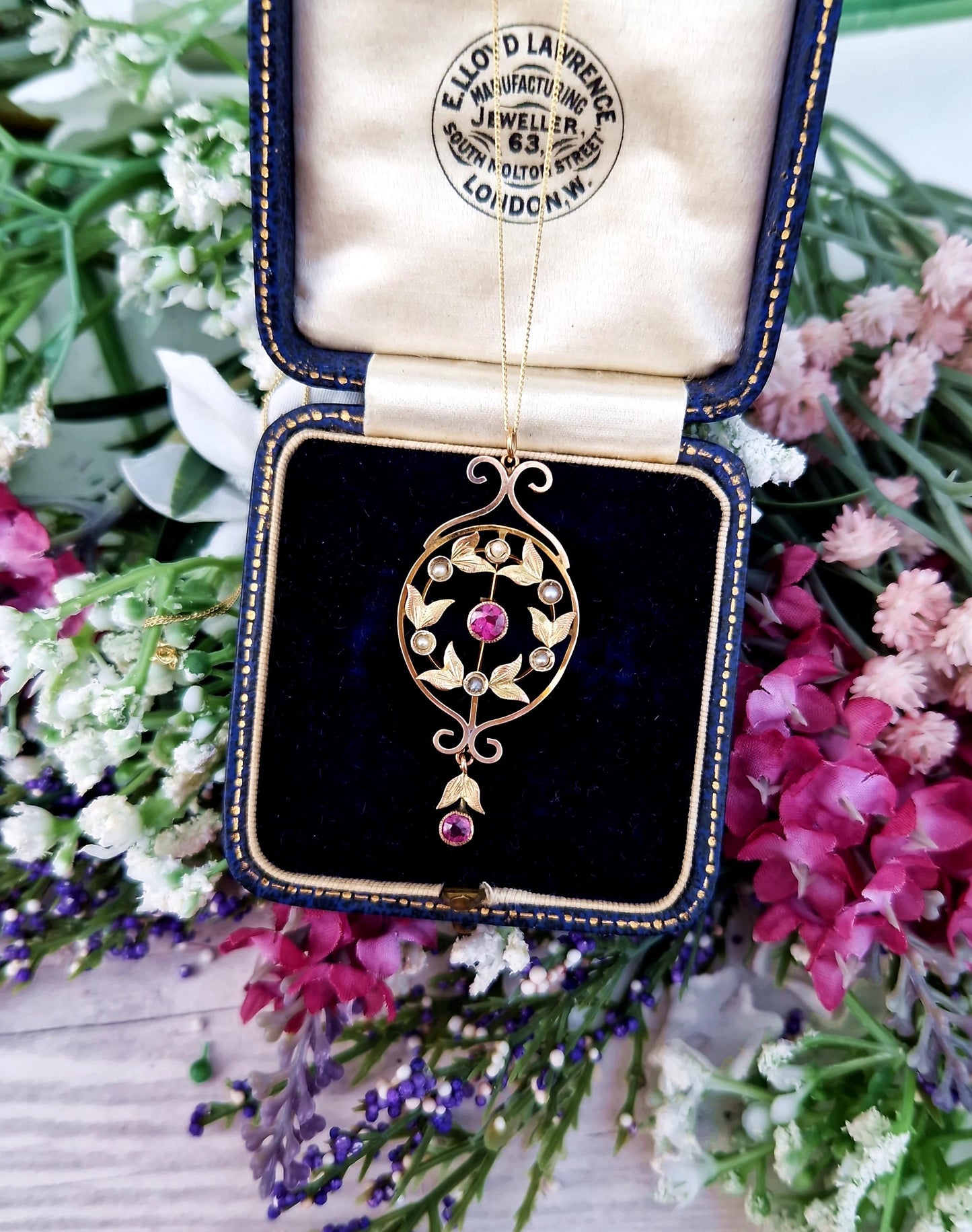 Antique Art Nouveau 9ct Gold Pink Tourmaline and Pearl Lavalier Pendant Necklace