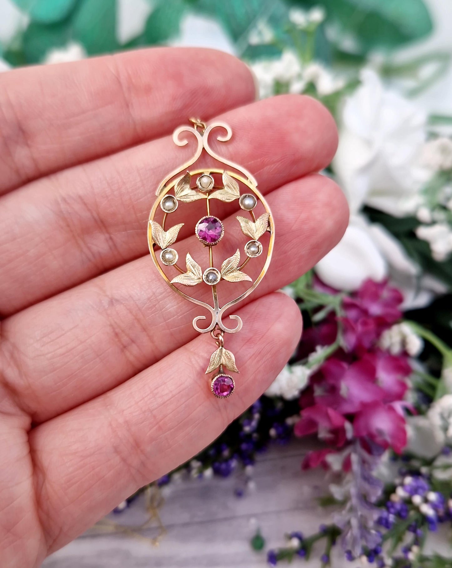 Antique Art Nouveau 9ct Gold Pink Tourmaline and Pearl Lavalier Pendant Necklace