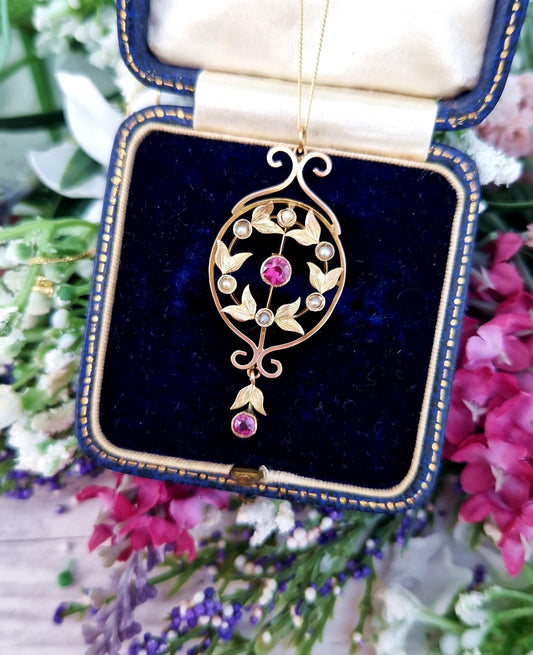 Antique Art Nouveau 9ct Gold Pink Tourmaline and Pearl Lavalier Pendant Necklace