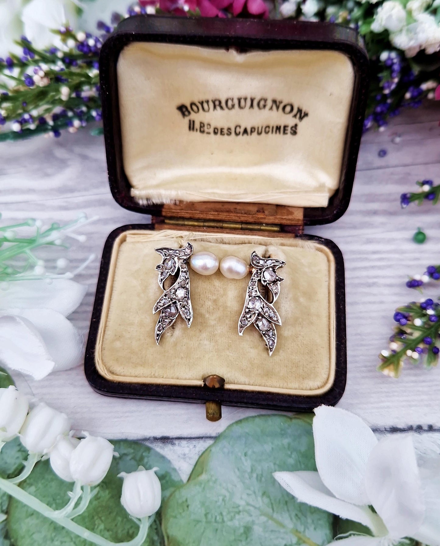 Antique Victorian 18ct Gold Rose Cut Diamond and Pearl Angel Wing Statement Stud Earrings