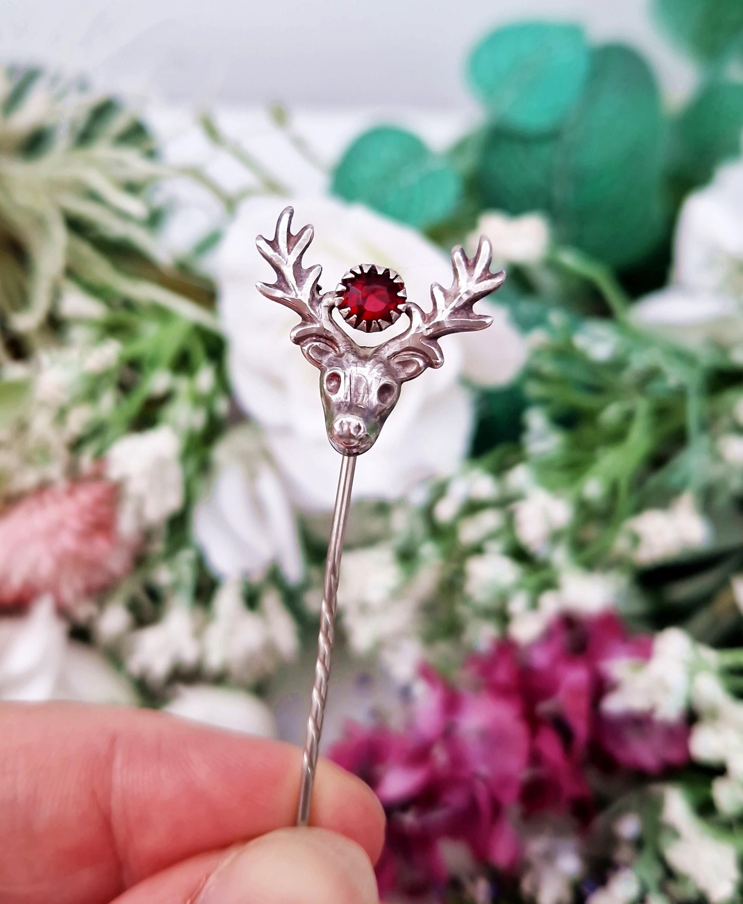 Antique Art Deco Sterling Silver Pink Glass Stags Head Stick Pin Brooch