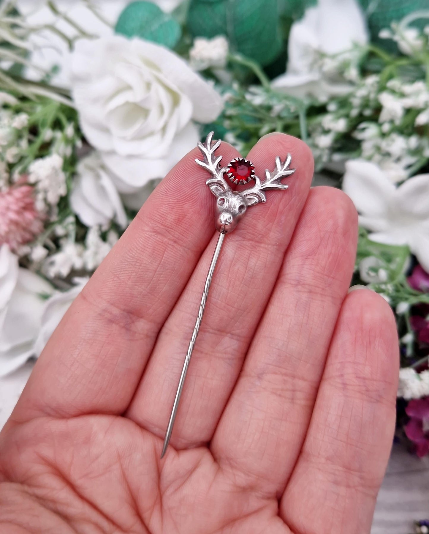 Antique Art Deco Sterling Silver Pink Glass Stags Head Stick Pin Brooch