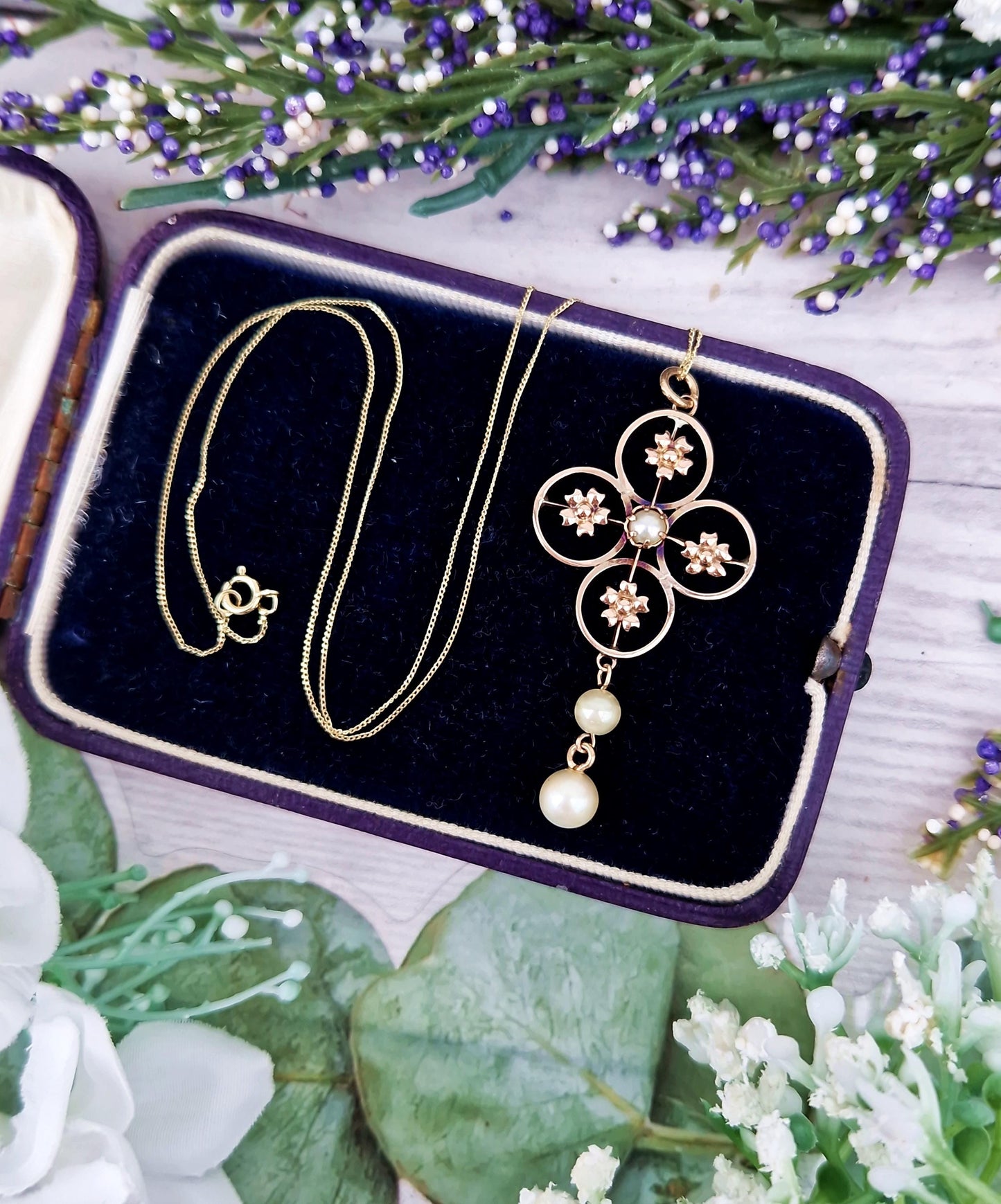 Antique Art Nouveau 9ct Gold Quatrefoil Pearl Lavalier Drop Pendant Necklace
