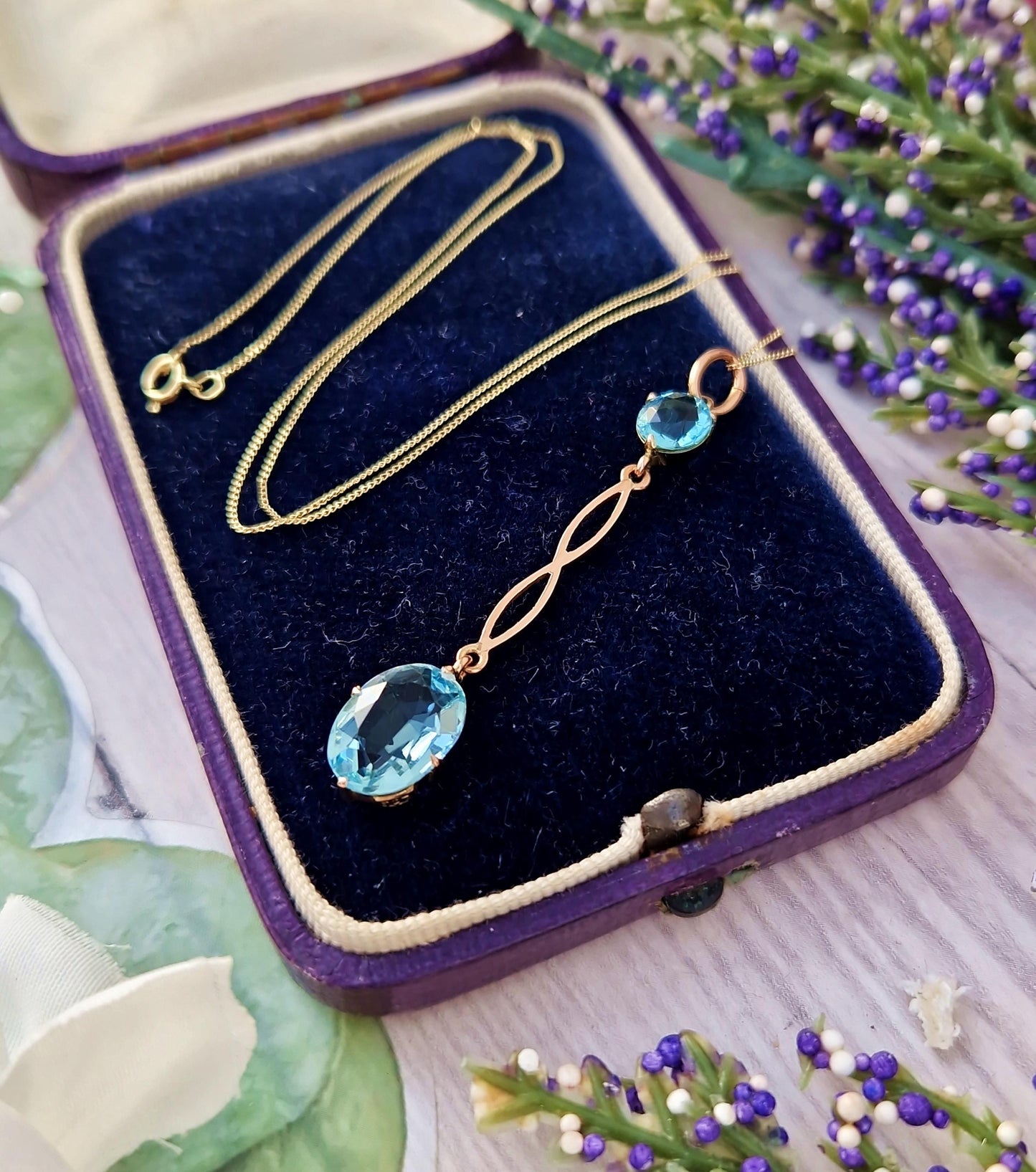 Antique Edwardian 9ct Gold Sky Blue Glass Lavalier Pendant Drop Necklace
