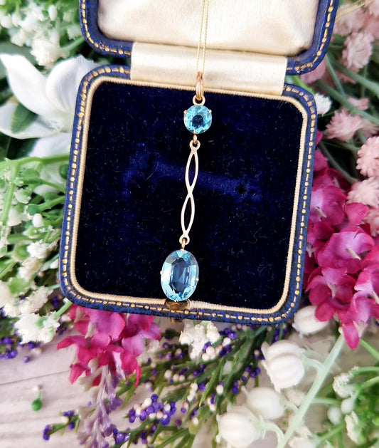 Antique Edwardian 9ct Gold Sky Blue Glass Lavalier Pendant Drop Necklace
