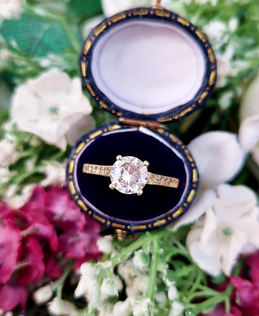 Vintage Gold on Sterling Silver Impressive Crystal Solitaire Engagement Ring / Size S or 9.5
