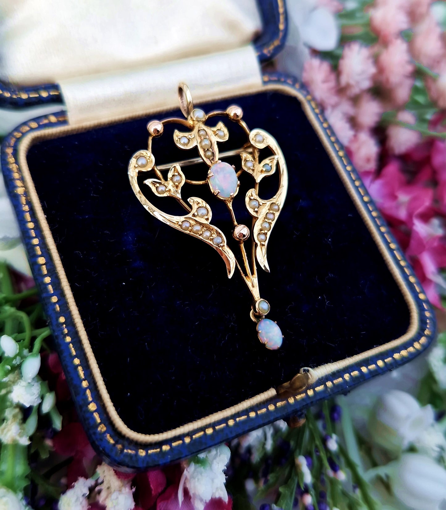 Antique Art Nouveau 9ct Yellow Gold Ornate Opal and Pearl Lavalier Pendant Brooch