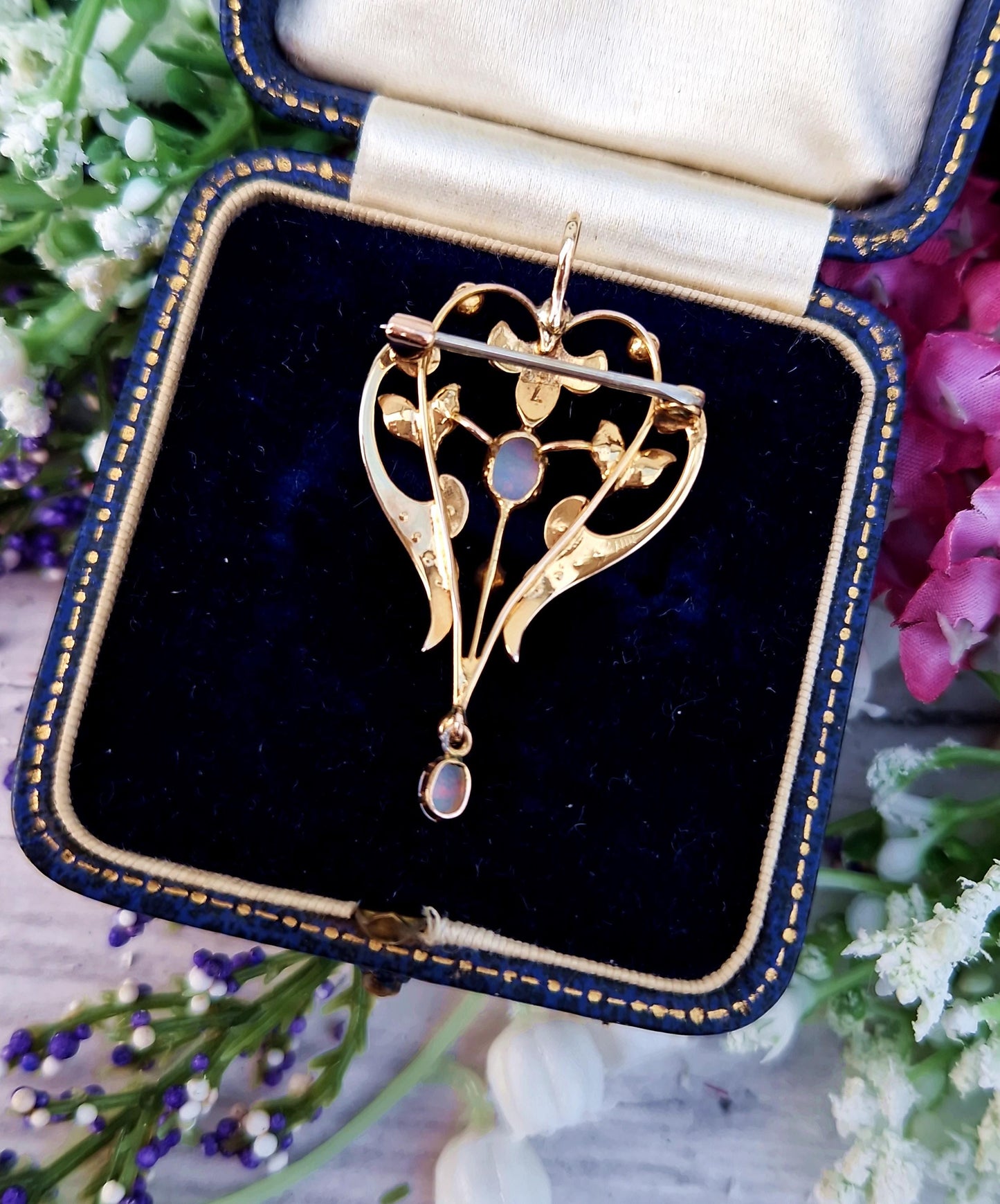 Antique Art Nouveau 9ct Yellow Gold Ornate Opal and Pearl Lavalier Pendant Brooch