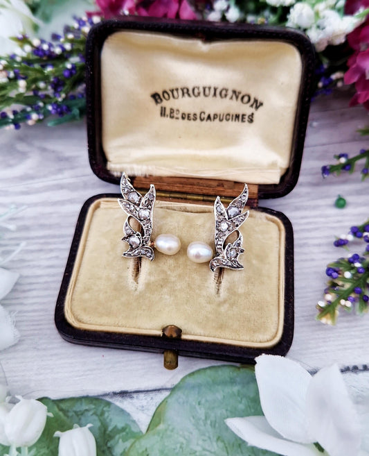 Antique Victorian 18ct Gold Rose Cut Diamond and Pearl Angel Wing Statement Stud Earrings