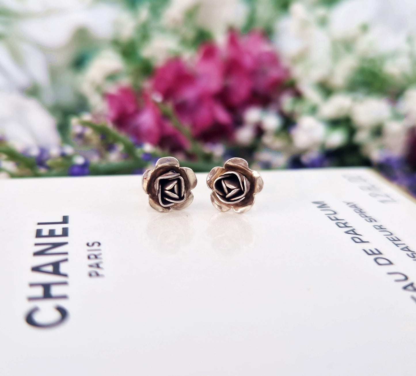 Set of 2 Vintage Sterling Silver Stud Drop Earrings - Roses and Butterflies