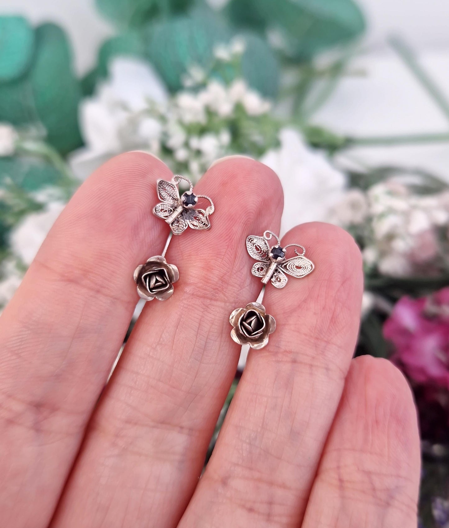 Set of 2 Vintage Sterling Silver Stud Drop Earrings - Roses and Butterflies