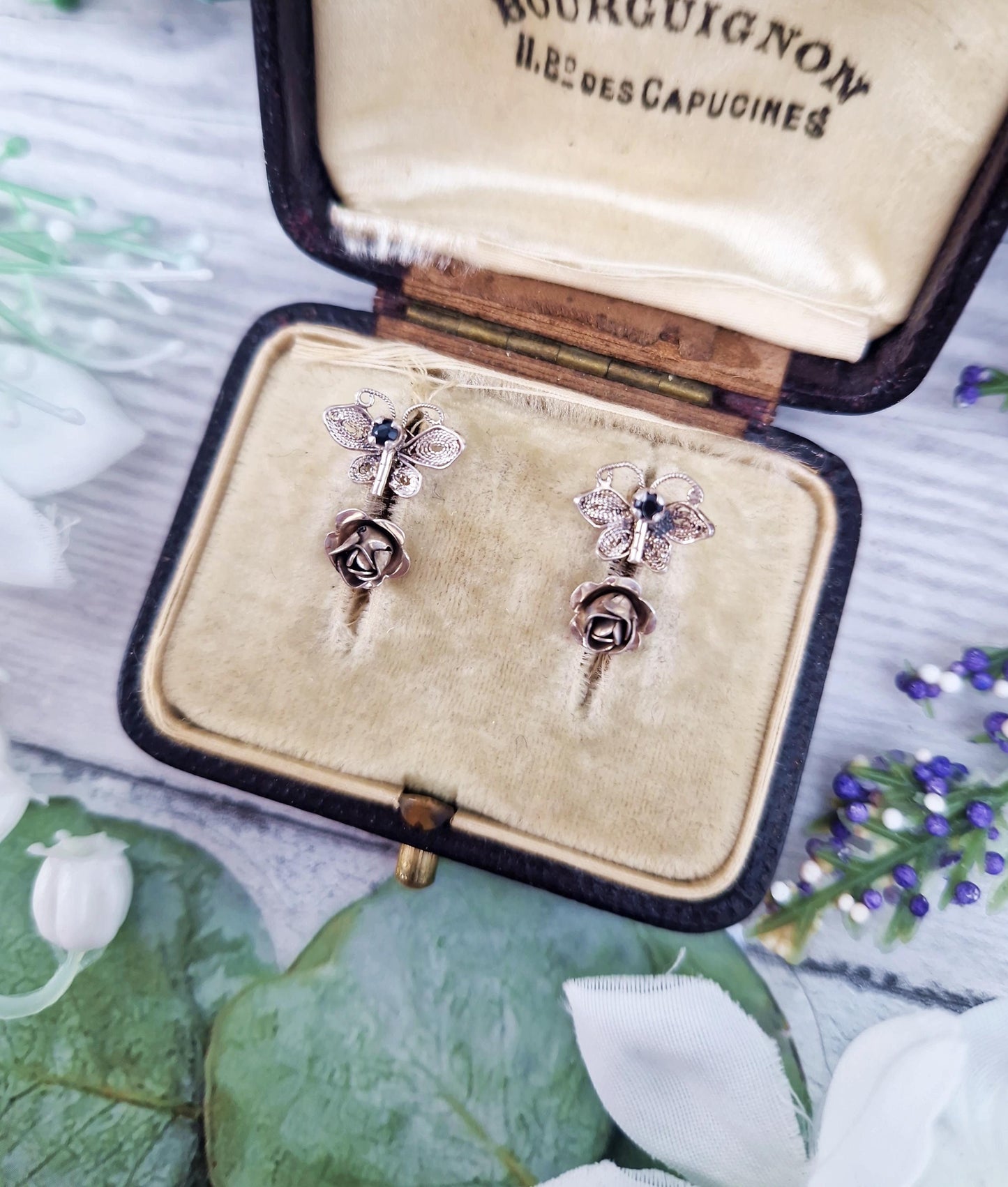 Set of 2 Vintage Sterling Silver Stud Drop Earrings - Roses and Butterflies