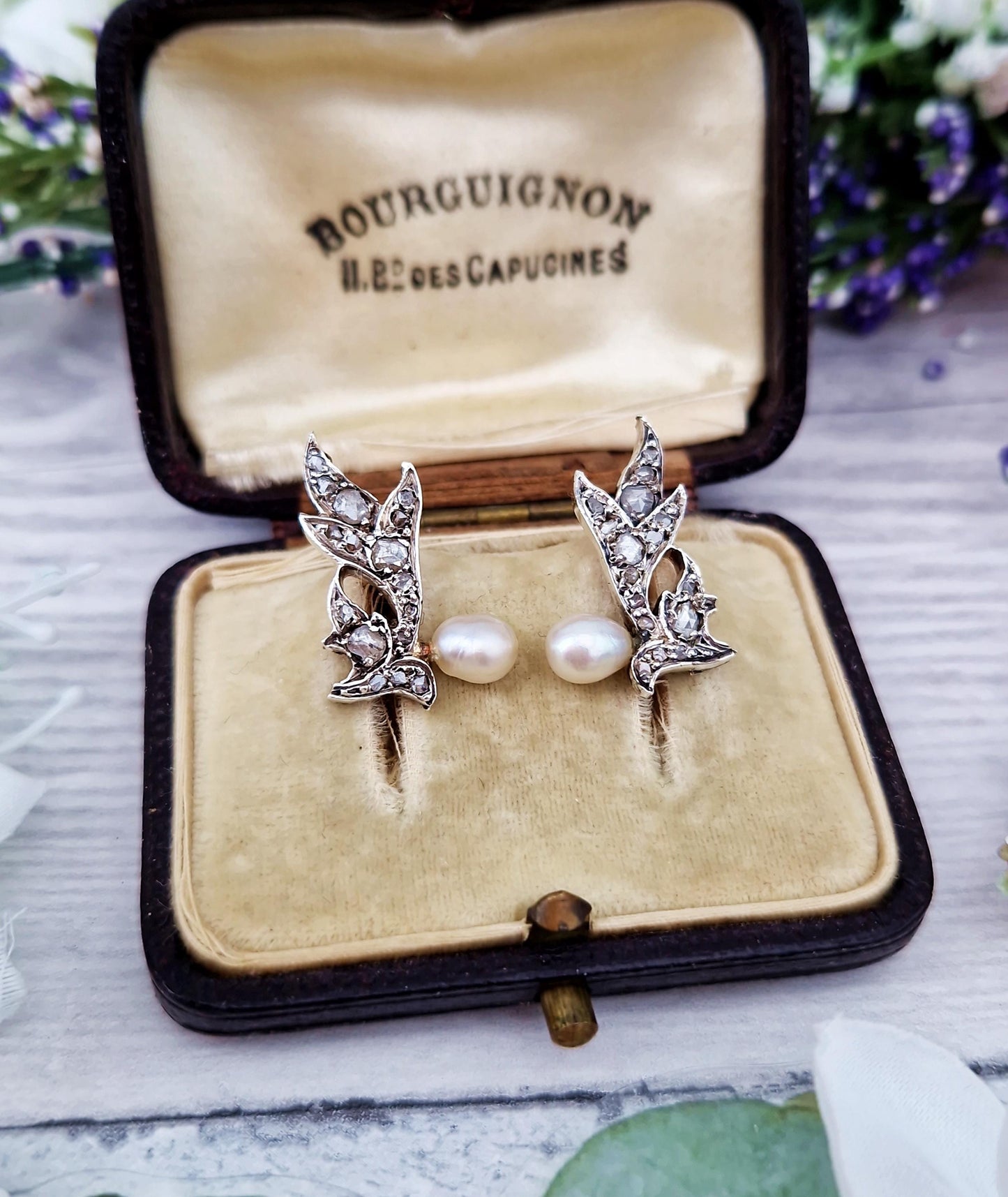 Antique Victorian 18ct Gold Rose Cut Diamond and Pearl Angel Wing Statement Stud Earrings