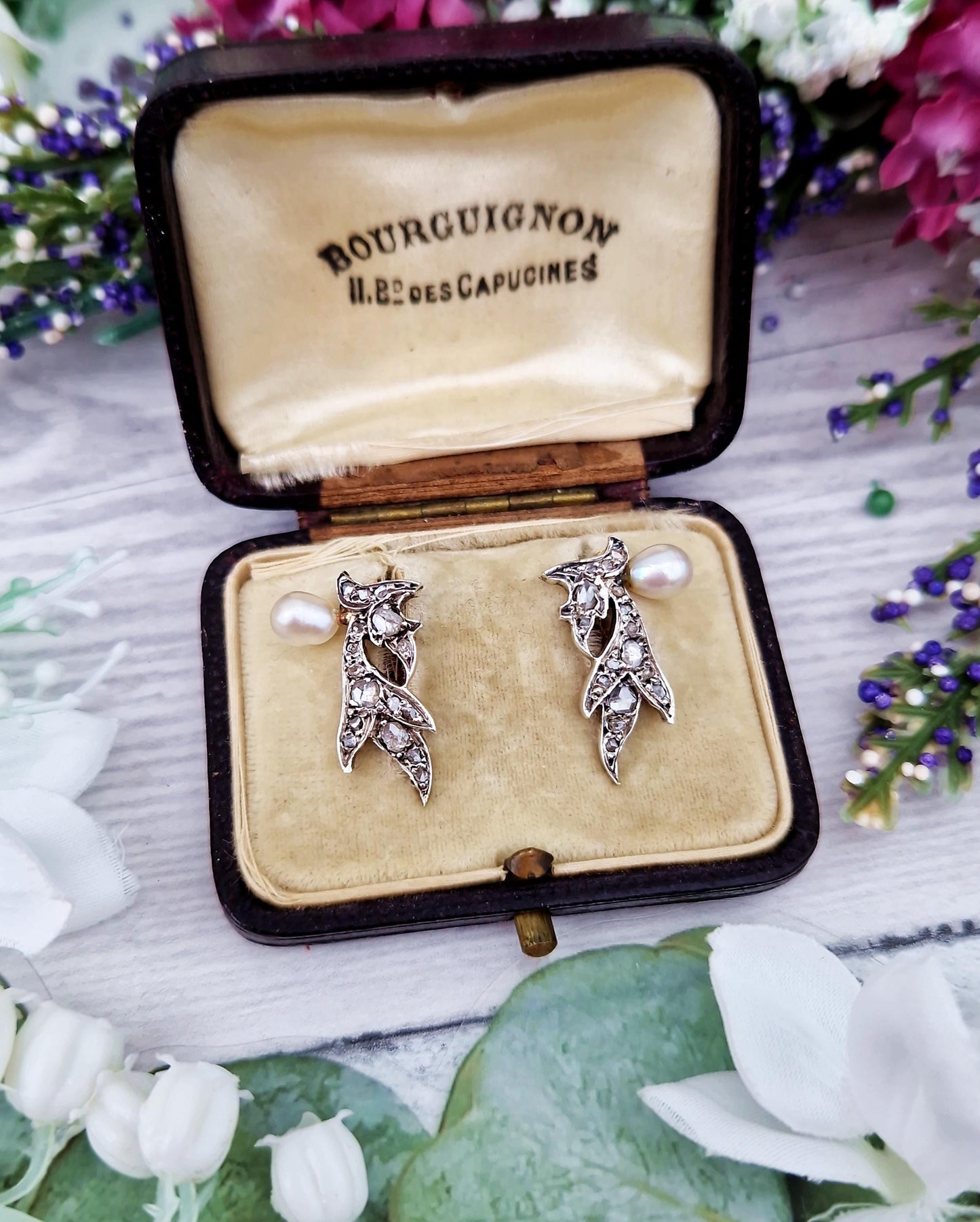 Antique Victorian 18ct Gold Rose Cut Diamond and Pearl Angel Wing Statement Stud Earrings