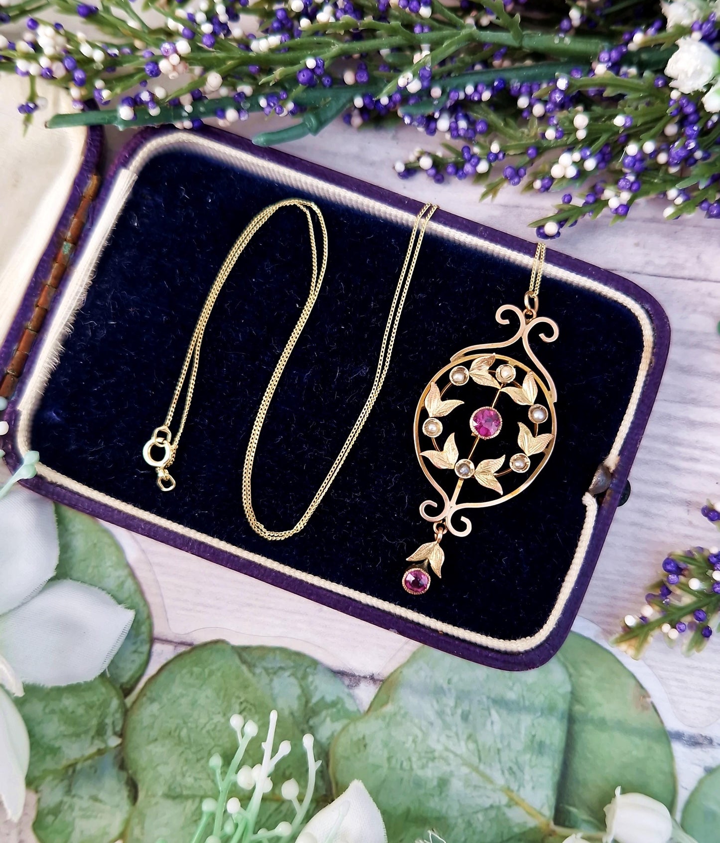 Antique Art Nouveau 9ct Gold Pink Tourmaline and Pearl Lavalier Pendant Necklace