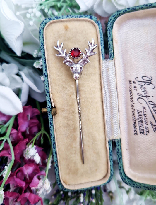 Antique Art Deco Sterling Silver Pink Glass Stags Head Stick Pin Brooch