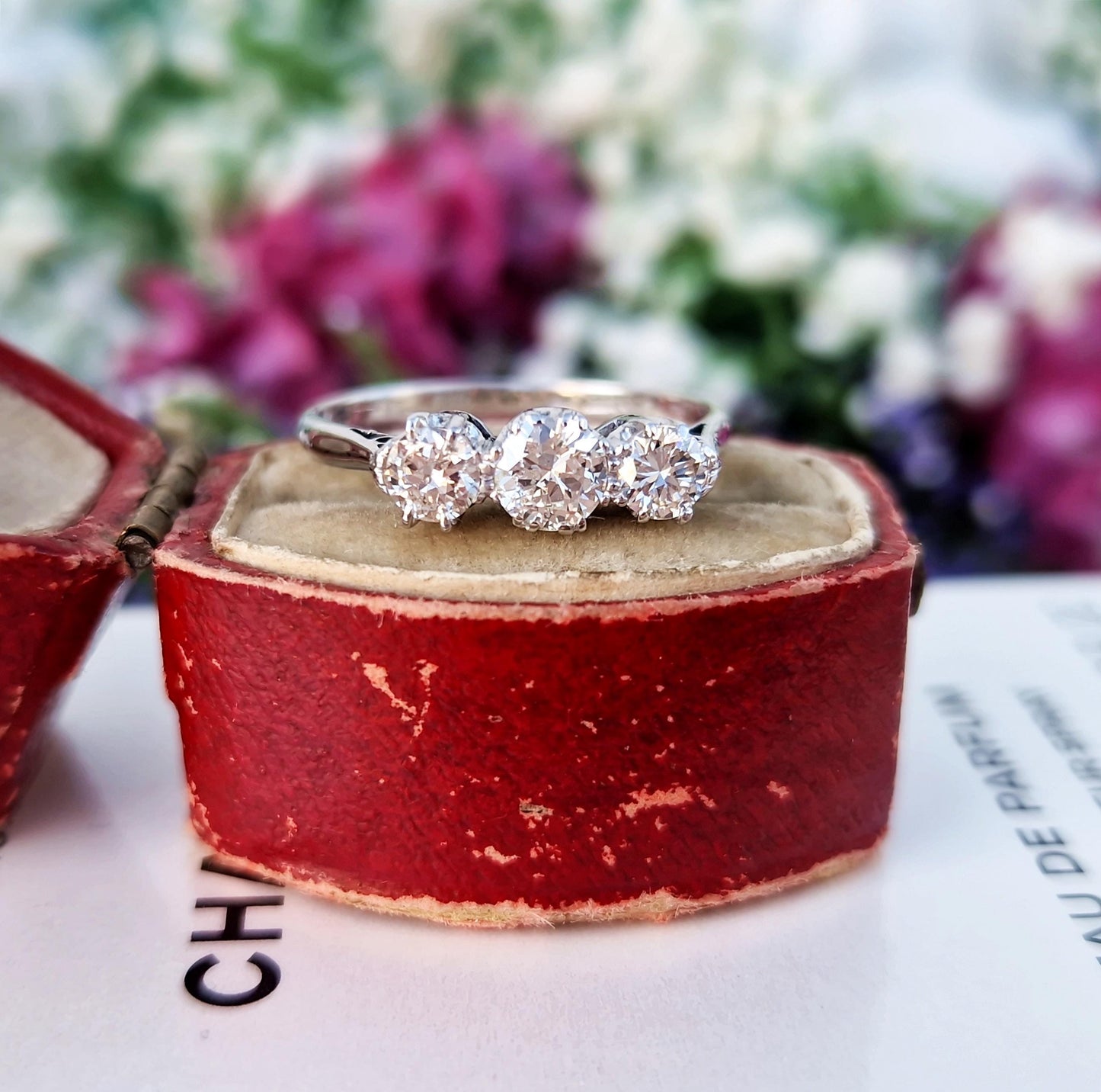 Antique Art Deco 18ct White Gold 0.94ct Diamond Trilogy Engagement Ring / Size N 1/2 or 7.75